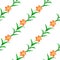 Simple seamless pattern of orange lilies with green leaves intertwined on a white background.