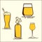Simple set of beer glass icons of oktoberfest. Oktoberfest Collection. Set of flat beer icons with froth. Beer bottle, glas