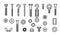 Simple set construction hardware vector line icons. Screws, bolts, nuts and rivets. Equipment stainless, fasteners