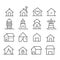 Simple set of minimal lighthouse tower and small buildings icon isolated. Modern outline on white background