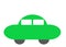 A simple shape symbol of a green car with dark grey wheels side view