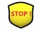 A simple shape of a yellow shield with a black bold outline and the word stop in red white backdrop