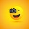 Simple Shiny Happy Smiling Photographer Emoji Taking Picture with a Digital Camera - Simple Emoticon on Yellow Background