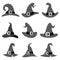 Simple silhouette cartoon witch hat halloween party costume icons set tamplate edit vector illustration