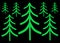 A simple simplified outline green symbol shapes of a pine trees all black backdrop