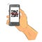 Simple Sketch Hand Holding Gray Smartphone make a Scanning Fake QR, Quick Response code