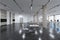 Simple spacious coworking office interior with panoramic city view and reflections. 3D Rendering