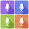 Simple, square, flat microphone icon. White silhouette casting a shadow. Four color variations