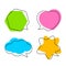 Simple star shaped speech bubble yellow, heart shaped speech bubble pink, hexagon speech bubble green, cloud speech bubble blue,