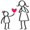 Simple stick figures family  boy giving love  heart to mother on Mother`s Day  birthday