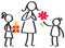 Simple stick figures family, children giving flowers and gifts to mother on Mother`s Day isolated on white background