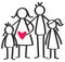 Simple stick figures happy family, mother, father, son, daughter, children, red heart isolated on white background