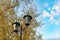 Simple street lights under the open sky. Black metal frame and dusty white glass