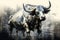 A simple yet striking black and white illustration of a bull standing amidst the hustle and bustle of a busy city street, Detailed