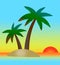 Simple stylised colorful sunset landscape with tropical island, palm trees, sea and sky using gradients. EPS 10 Vector