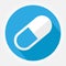 Simple symbol of pill or vitamin. Gray icon with long shadow in bottom left corner on blue background