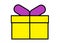 A simple symbolic illustration of a yellow present gift box with purple bow ties white backdrop
