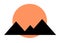 A simple symbolic shape drawing of a rising or setting sun over the silhouette of a mountain range landscape white backdrop
