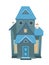 Simple tall cartoon house with a blue roof. Night. Cozy rustic dwelling in a traditional European style. Nice dark home