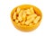 Simple tiny bowl of delicious crispy snacks, crunchy crusty yellow traditional crisps in a small orange bowl, object isolated