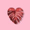 Simple trendy greeting card with red monstera leaf in the heart shape