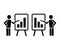 Simple two black solid icon pictogram of man figure with flipchart pointing on bar chart columns growing up and falling