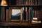 A simple, unadorned photo frame sitting on a bookshelf, surrounded by a collection of vintage books