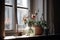 simple vase of flowers and indoor plants on the windowsill