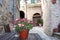 Simple vase of flowers on a table along the streets of the ancient village of Spello