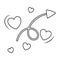 Simple vector black and white icon. Cupid arrow with a curl and flying hearts. Sticker for Valentine Day, representing love,