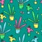 Simple vector bright flat linear houseplants. Succulent and leav