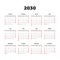Simple vector calendar on 2030. Start from Sunday