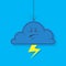 Simple vector cartoon illustration of flat dark angry cloud with lightning