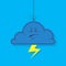 Simple vector cartoon illustration of flat dark angry cloud with lightning on a blue background