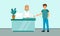 Simple Vector Design In Flat Cartoon Style Of Hospital Reception Interior And Two Characters. Medical Waiting Room, Male