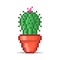 Simple vector flat pixel art illustration of cartoon blooming green cactus in a red flowerpot