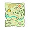 Simple vector flat pixel art illustration of cartoon old treasure map