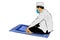 Simple Vector Hand Draw Sketch, Muslim or islam man, using Mask, sit at prayer mat