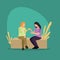 Simple Vector illustration background about two young female workers having a casual chat over drink coffee during office break.