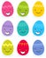 Simple vector illustration of colorful flat design easter eggs, cartoon characters with funny faces