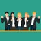 Simple Vector illustration drawing of a group of businessmen and businesswomen line up celebrates their successful project while