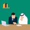 Simple Vector illustration drawing of Multicultural businessmen looking at contract at the office desk. mutually beneficial