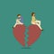 Simple Vector illustration of the relationship breaks up, broken heart, couple facing the opposite direction. Couple sitting on