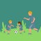 Simple Vector illustration of the young father running and playing football soccer with his son and daughter at public park vector