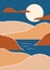 Simple vector landscape poster with hills, moon, sea. Royal blue, warm brown, beige, white colors. Trendy vertical print