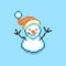 Simple vector pixel art illustration of cartoon snowman in red santa hat