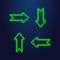 Simple vector pixel art illustration of green led light set of arrows which are directed in four different directions