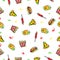 Simple vector seamless pattern hand draw sketch, Burger, Hotdog, Sausage, French Fries and Pizza for wrapping paper, background,