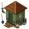 Simple village house, broom and shovel