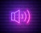 Simple volume icon, audio speaker, sound symbol. Colour neon style on brick wall background. Light linear icon with